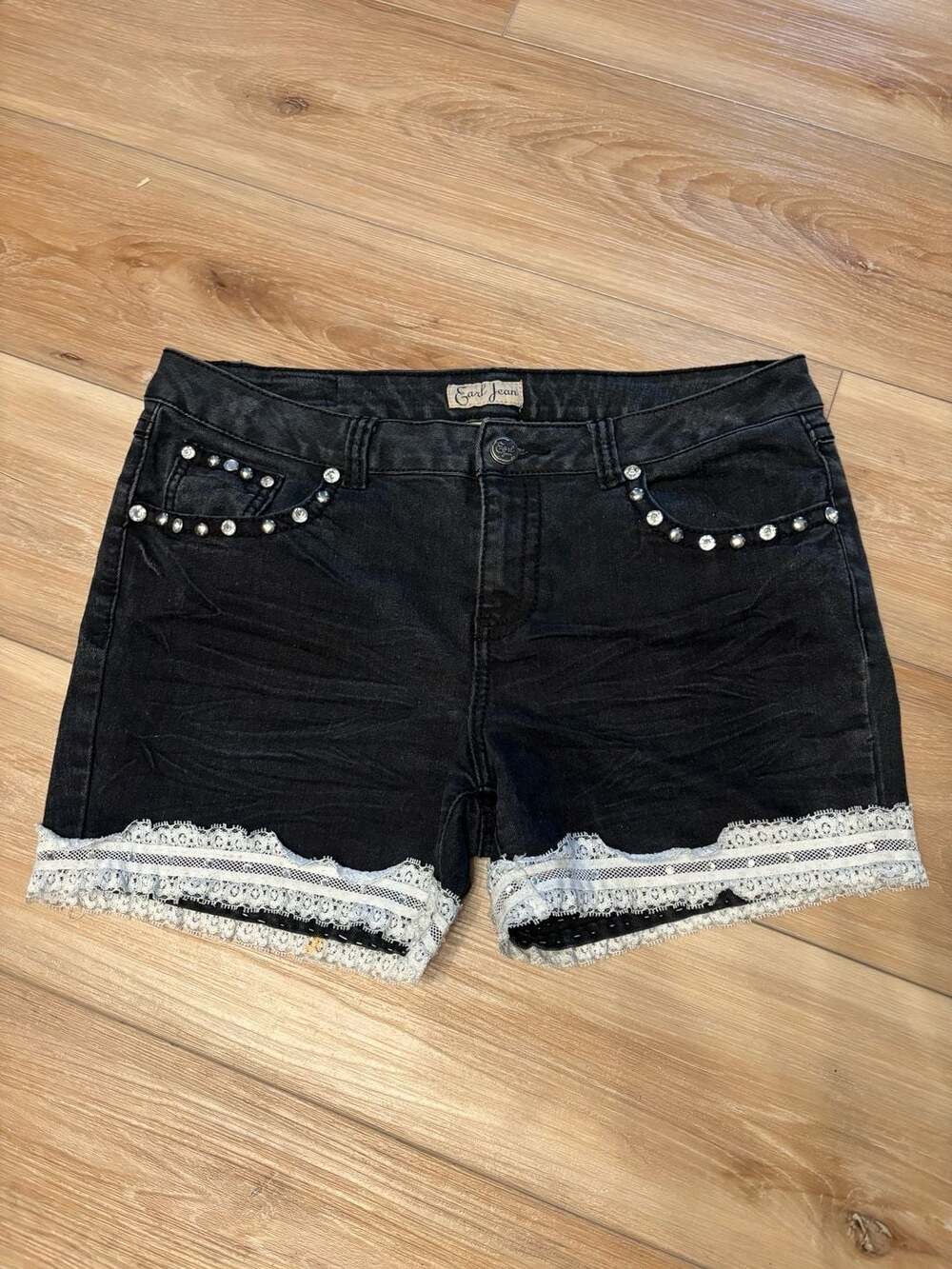 Earl Jean Black Denim Shorts with Rhinestones and Lace Trim Size 10P
